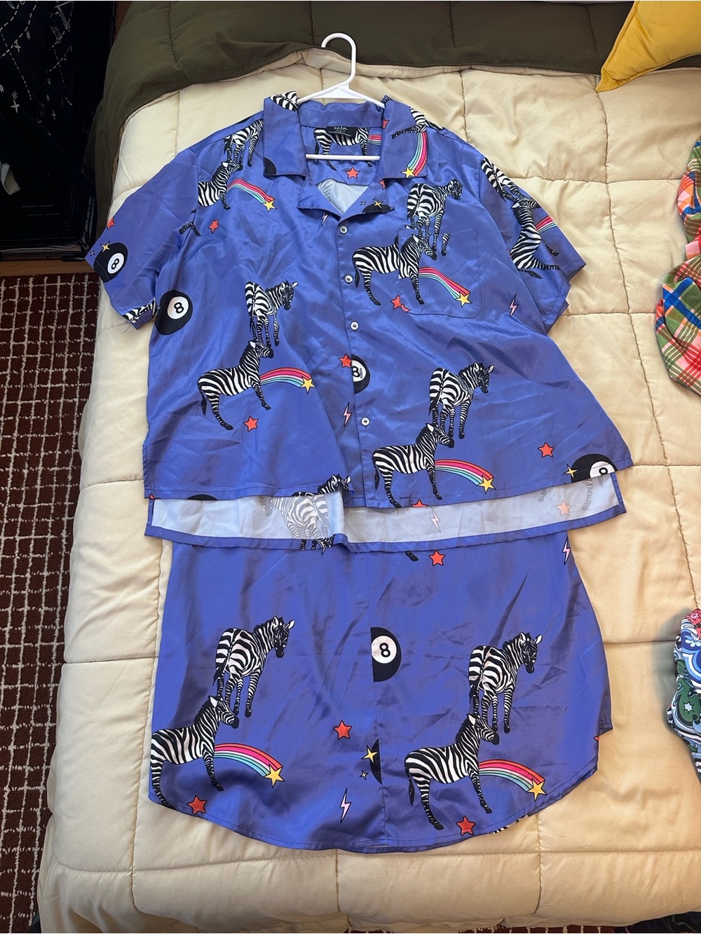 Dressed in LALA Blue Zebra Print Skirt Set with Rainbow & 8-Ball Motifs